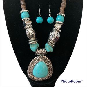 Wood and turquoise colored necklace and earrings set!